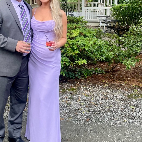Azazie Mai sheath chiffon corseted bodice lilac dress - Picture 2 of 7